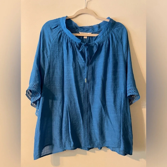 Counterparts Cobalt Blue Boho Lightweight Gauzy Lace Detail Blouse Top Large - Picture 1 of 9